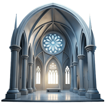 wonderful artistic Gothic cathedral interior, stained glass rose window, shafts of light, dust motes, hyperrealistic, ethereal mood, exclusive png