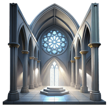 wonderful artistic Gothic cathedral interior, stained glass rose window, shafts of light, dust motes, hyperrealistic, ethereal mood, genuine png