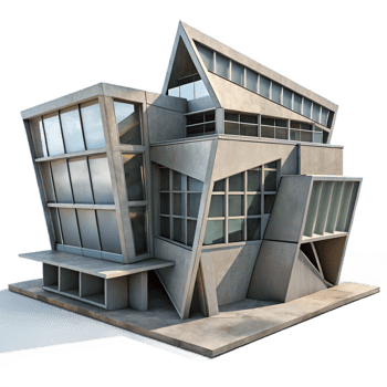 vibrant modern Deconstructivist office building, tilted planes, intersecting volumes, concrete and steel, dramatic shadows, overcast sky, architectural rendering, premium png