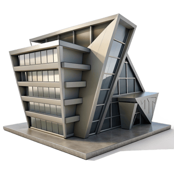 beautiful artistic Deconstructivist office building, tilted planes, intersecting volumes, concrete and steel, dramatic shadows, overcast sky, architectural rendering, genuine png