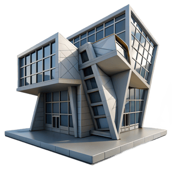 vibrant abstract Deconstructivist office building, tilted planes, intersecting volumes, concrete and steel, dramatic shadows, overcast sky, architectural rendering, high resolution png