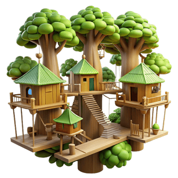 impressive minimalist Treehouse village, interconnected wooden platforms, rope bridges, lush forest setting, dappled sunlight, whimsical atmosphere, fantasy art style, detailed png