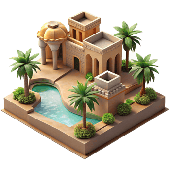 extraordinary rustic Desert oasis resort, adobe structures, reflecting pools, palm trees, intense sunlight, tranquil atmosphere, architectural visualization, authentic png