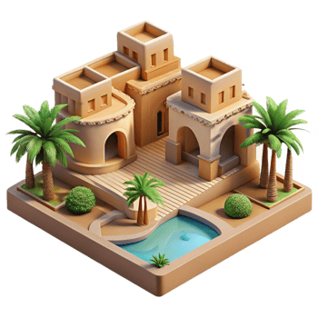 dramatic vintage Desert oasis resort, adobe structures, reflecting pools, palm trees, intense sunlight, tranquil atmosphere, architectural visualization, genuine png