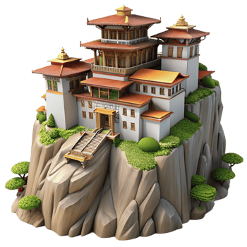 dramatic abstract Mountaintop monastery, traditional stone architecture, clinging to cliffside, misty mountain backdrop, serene atmosphere, spiritual painting style, high quality png