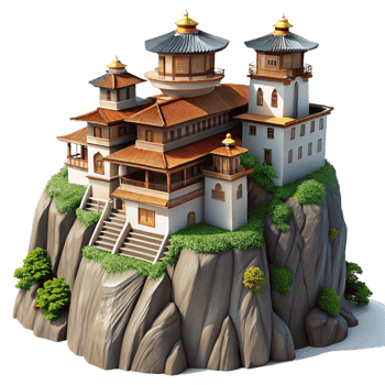 stunning creative Mountaintop monastery, traditional stone architecture, clinging to cliffside, misty mountain backdrop, serene atmosphere, spiritual painting style, genuine png