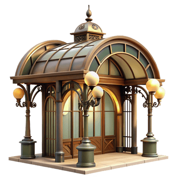 beautiful contemporary Art Nouveau metro station entrance, ornate ironwork, curved glass canopy, warm streetlights, vintage Parisian style, nostalgic mood, premium png