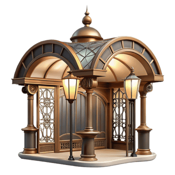 dramatic modern Art Nouveau metro station entrance, ornate ironwork, curved glass canopy, warm streetlights, vintage Parisian style, nostalgic mood, high quality png