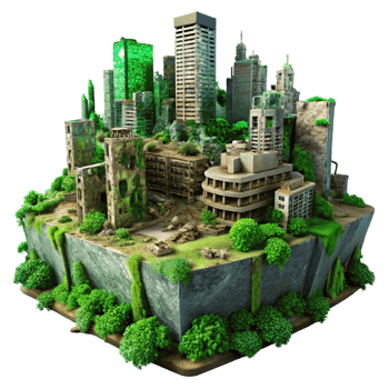 vibrant vintage Post-apocalyptic cityscape, crumbling buildings, overgrown with vegetation, eerie green sky, dystopian atmosphere, digital matte painting, professional png