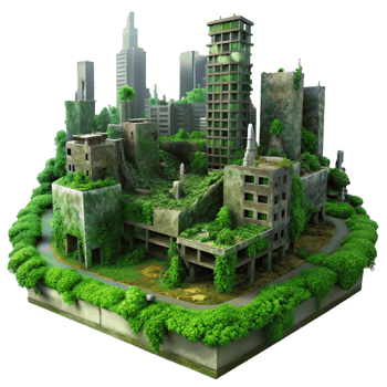 vibrant minimalist Post-apocalyptic cityscape, crumbling buildings, overgrown with vegetation, eerie green sky, dystopian atmosphere, digital matte painting, 4K png