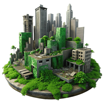 serene vintage Post-apocalyptic cityscape, crumbling buildings, overgrown with vegetation, eerie green sky, dystopian atmosphere, digital matte painting, 4K png