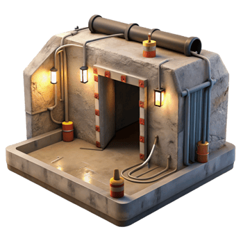 impressive creative Underground bunker, concrete walls, exposed pipes and wiring, dim emergency lights, claustrophobic atmosphere, photorealistic rendering, detailed png