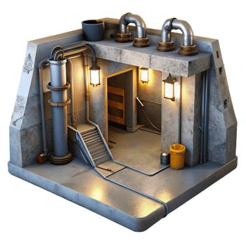 magnificent minimalist Underground bunker, concrete walls, exposed pipes and wiring, dim emergency lights, claustrophobic atmosphere, photorealistic rendering, detailed png