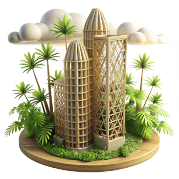vibrant minimalist Bamboo skyscraper, sustainable architecture, intricate lattice structure, tropical city backdrop, bright sunlight, photorealistic rendering, 4K png