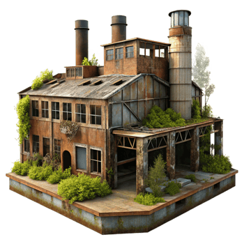 wonderful classic Abandoned industrial factory, rusty metal structures, broken windows, overgrown with weeds, eerie atmosphere, urban exploration photography style, detailed png