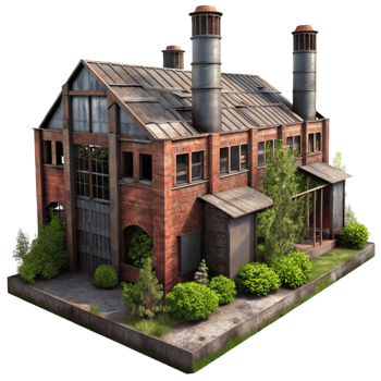 beautiful rustic Abandoned industrial factory, rusty metal structures, broken windows, overgrown with weeds, eerie atmosphere, urban exploration photography style, 4K png