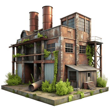 stunning contemporary Abandoned industrial factory, rusty metal structures, broken windows, overgrown with weeds, eerie atmosphere, urban exploration photography style, 4K png