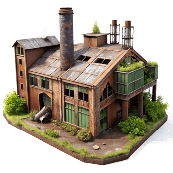 beautiful traditional Abandoned industrial factory, rusty metal structures, broken windows, overgrown with weeds, eerie atmosphere, urban exploration photography style, high quality png