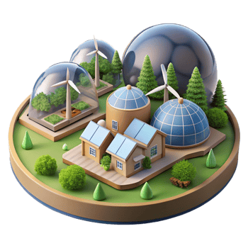 beautiful contemporary Sustainable eco-village, earth-sheltered homes, integrated with landscape, renewable energy sources, idyllic rural setting, architectural visualization, authentic png