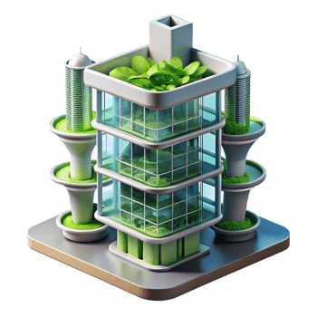 serene contemporary Vertical farm skyscraper, hydroponic gardens, integrated with urban infrastructure, futuristic city backdrop, sunny day, architectural rendering, high quality png