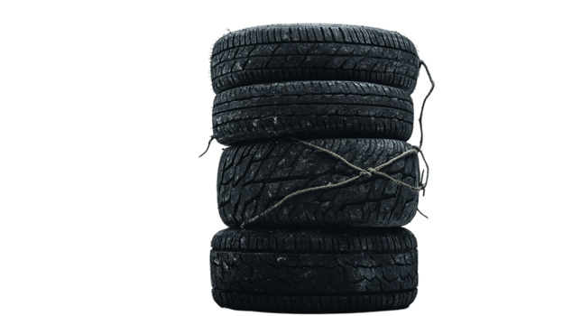 Used tire stack automotive rubber recycling concept artisolated on transparent background png