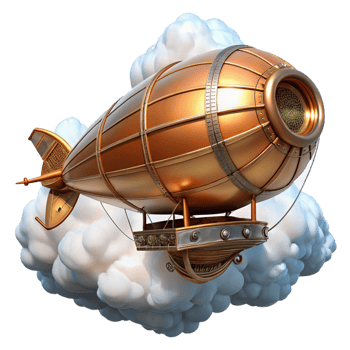 magnificent contemporary A steampunk airship soaring through a cloud-filled sky, its brass and copper hull gleaming in the sunlight, intricate gears and propellers visible, digital art 4K png