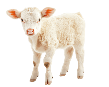 A white calf is standing in front of a black background png