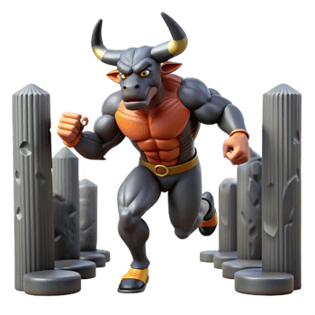 stunning contemporary A powerful minotaur, half-man, half-bull, charging through a labyrinth of obsidian pillars. Dynamic, motion-blurred lighting. Comic book style high quality png