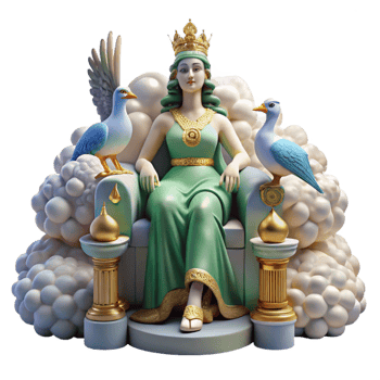 impressive minimalist A regal Hera, seated on a throne of clouds, surrounded by peacocks. Soft, ethereal lighting. Renaissance style original png