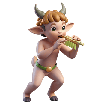 impressive contemporary A mischievous satyr playing a pan flute, surrounded by dancing nymphs, dappled sunlight filtering through a forest canopy, Impressionist style premium png