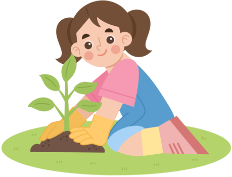 Illustration of a little girl planting plants png