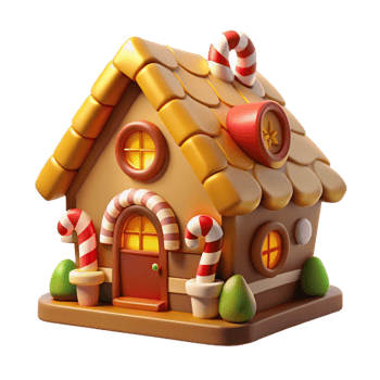 impressive contemporary A whimsical gingerbread house with candy cane columns and gumdrop windows, lit by the warm glow of a fireplace, in a cartoonish, storybook style professional png