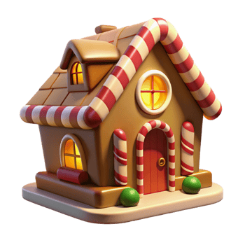 impressive modern A whimsical gingerbread house with candy cane columns and gumdrop windows, lit by the warm glow of a fireplace, in a cartoonish, storybook style exclusive png