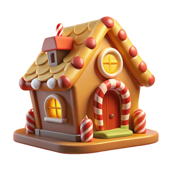 serene abstract A whimsical gingerbread house with candy cane columns and gumdrop windows, lit by the warm glow of a fireplace, in a cartoonish, storybook style authentic png