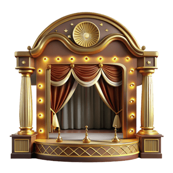 elegant minimalist An intricate Art Deco theatre with ornate gold detailing and velvet curtains, illuminated by the soft glow of stage lights, rendered in a vintage, glamorous style original png
