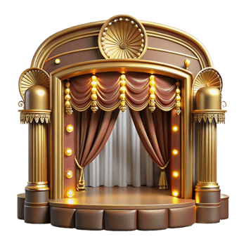 vibrant vintage An intricate Art Deco theatre with ornate gold detailing and velvet curtains, illuminated by the soft glow of stage lights, rendered in a vintage, glamorous style 4K png