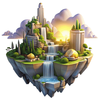 stunning minimalist A floating island city with cascading waterfalls and lush gardens, bathed in the golden light of a sunrise, in a fantastical, painterly style exclusive png