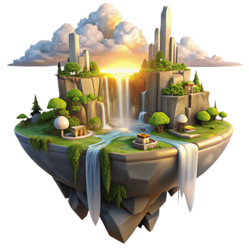 extraordinary rustic A floating island city with cascading waterfalls and lush gardens, bathed in the golden light of a sunrise, in a fantastical, painterly style 4K png