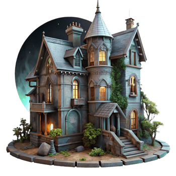 wonderful modern A dilapidated Victorian mansion with broken windows and overgrown ivy, lit by the eerie glow of the moon, in a gothic, horror style professional png