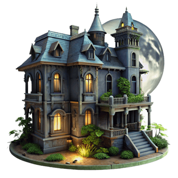 impressive rustic A dilapidated Victorian mansion with broken windows and overgrown ivy, lit by the eerie glow of the moon, in a gothic, horror style 4K png