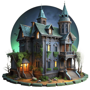 beautiful modern A dilapidated Victorian mansion with broken windows and overgrown ivy, lit by the eerie glow of the moon, in a gothic, horror style exclusive png