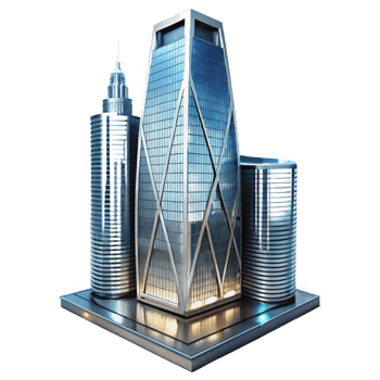 impressive classic A modern glass and steel skyscraper with sharp angles and reflective surfaces, illuminated by the bright lights of a bustling city, in a photorealistic architectural style authentic png