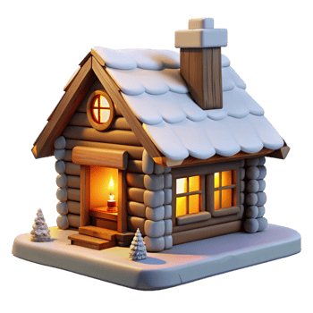 wonderful artistic A cozy log cabin with a stone fireplace and snow-covered roof, lit by the warm glow of a fire, in a rustic, painterly style authentic png