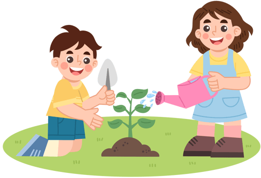 Illustration of Children Gardening Together in a Green Space png