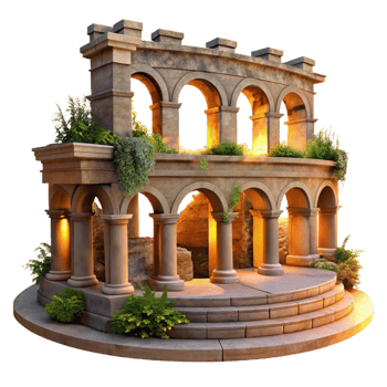 impressive abstract A Roman amphitheater with crumbling stone arches and overgrown vegetation, lit by the golden light of sunset, in a historical, evocative style detailed png