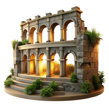 extraordinary classic A Roman amphitheater with crumbling stone arches and overgrown vegetation, lit by the golden light of sunset, in a historical, evocative style original png