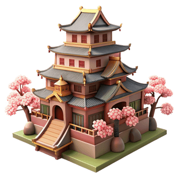 elegant rustic A traditional Japanese castle with towering stone walls and ornate wooden roofs, bathed in the soft light of cherry blossoms, in a detailed, historical style 4K png