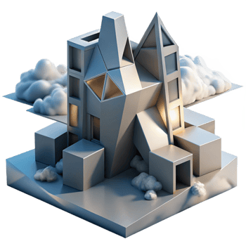 vibrant traditional A decontructivist building with fragmented shapes and distorted angles, lit by the stark light of a cloudy sky, in an abstract, architectural style authentic png