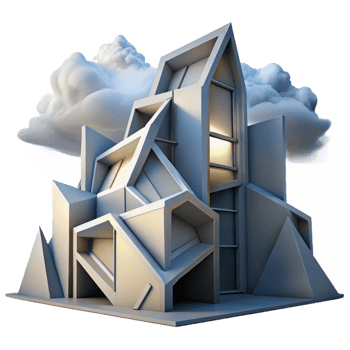 elegant creative A decontructivist building with fragmented shapes and distorted angles, lit by the stark light of a cloudy sky, in an abstract, architectural style high resolution png