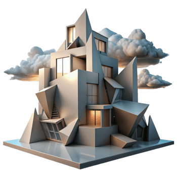 stunning abstract A decontructivist building with fragmented shapes and distorted angles, lit by the stark light of a cloudy sky, in an abstract, architectural style detailed png